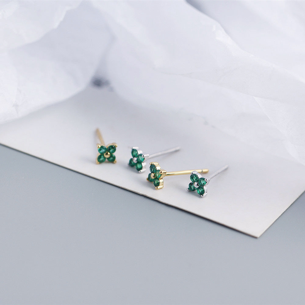 Wholesale Simple Diamond S925 Silver Four-leaf Flower Sweet Small Colorful Flower Earrings